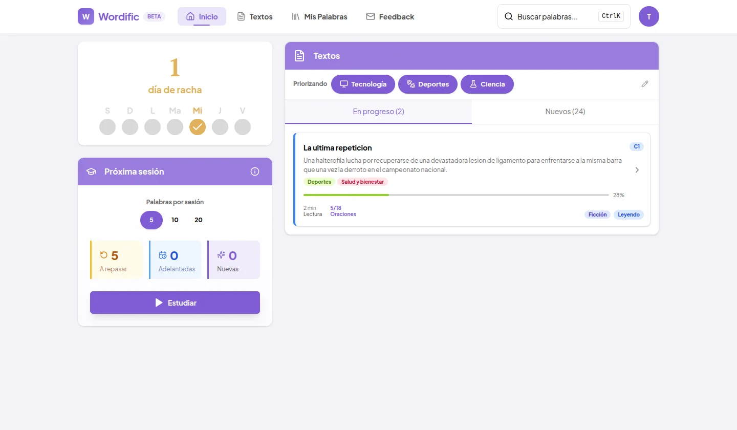 Pantalla de inicio — sesiones de repaso y textos nuevos en un vistazo