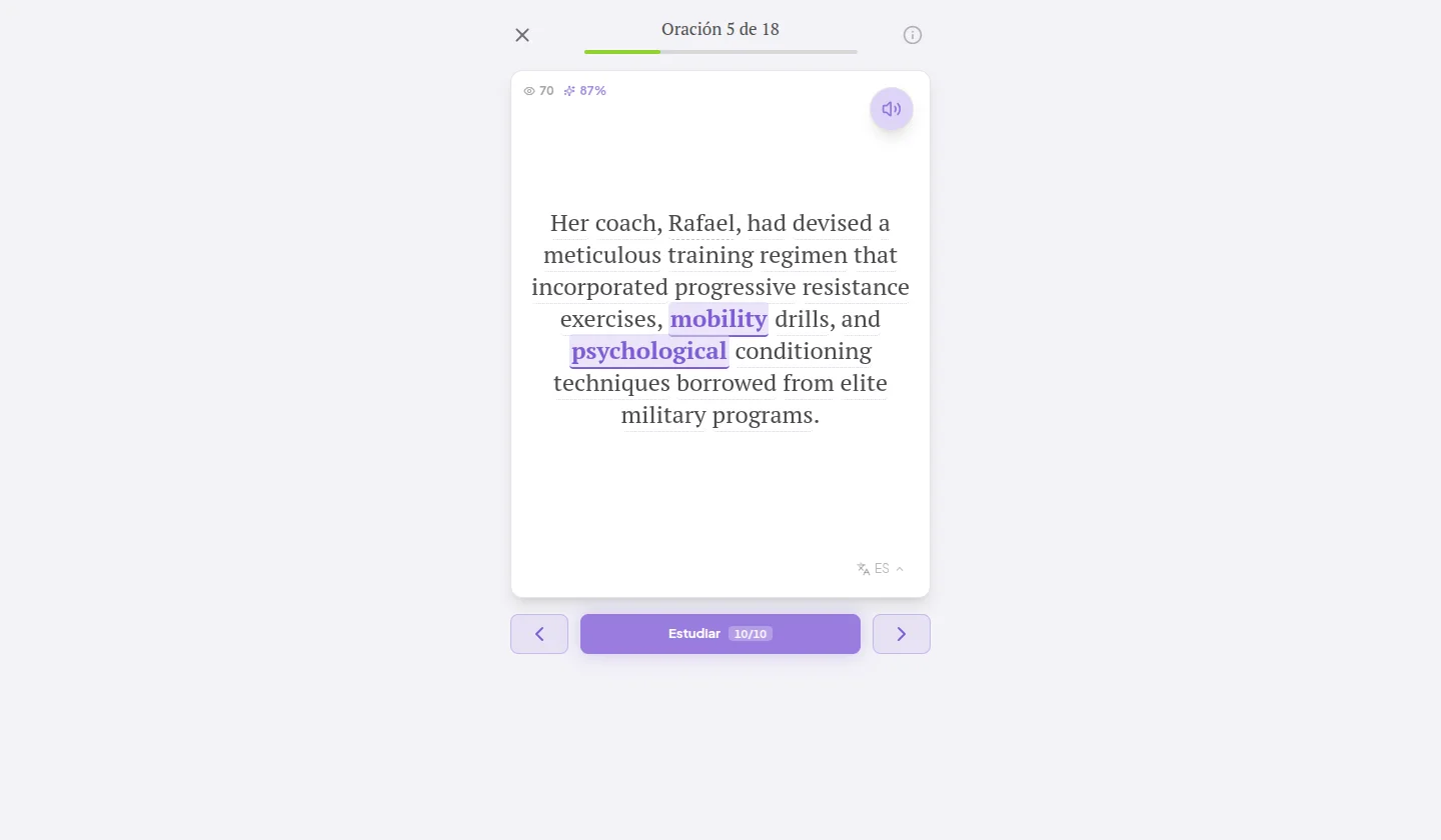 Lector de textos de Wordific — toca cualquier palabra para aprenderla
